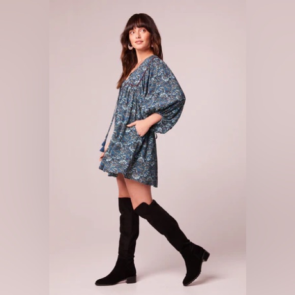 NWT Band Of The Free MALLORY TEAL FLORAL BABYDOLL MINI DRESS Bohemian Sleeves - Picture 3 of 5